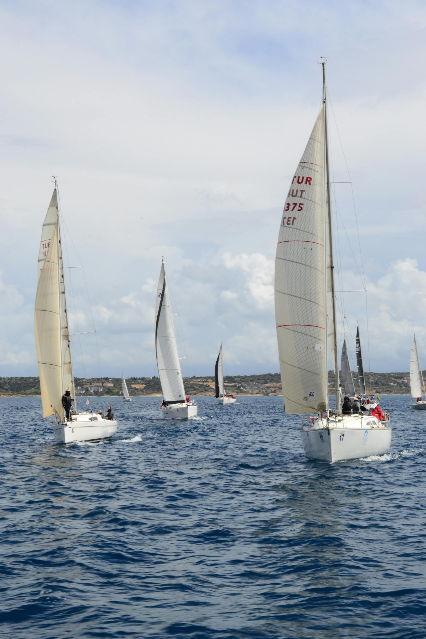 Multiple sailboats compete in a thrilling ocean race under a clear blue sky.